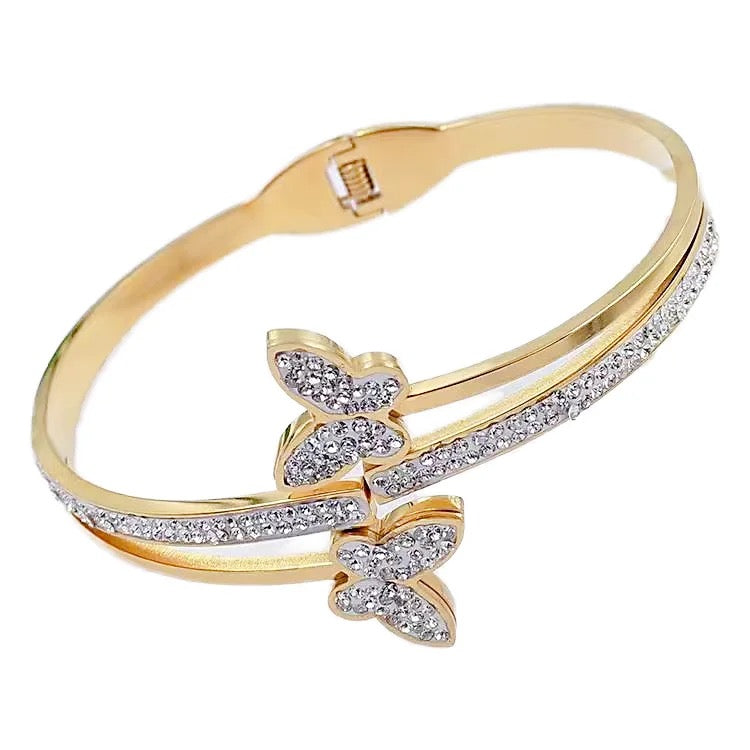 18k Waterproof Butterfly Diamantés Gold Bracelet Cuff 🦋