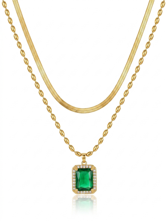 ✨Exclusive Stainless Gold Layered Snake chain Emerald beaded pendant ✨