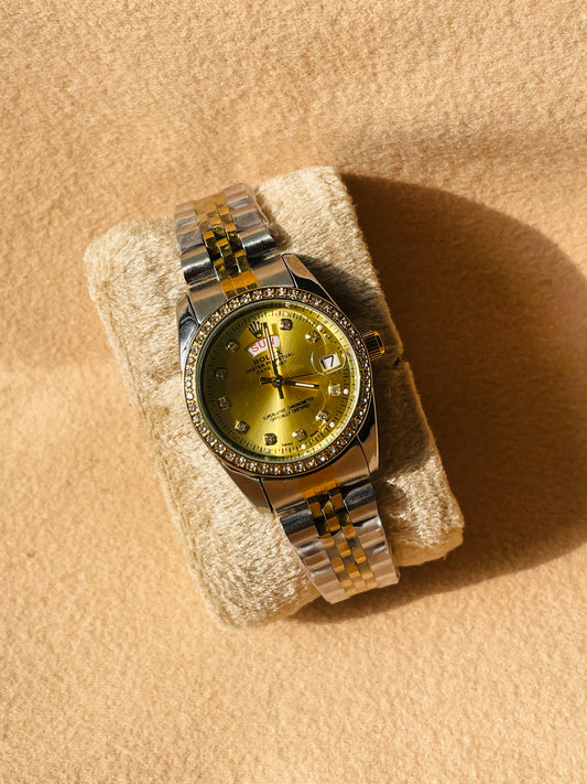 ✨Perpetual SilverXGold Crystal Studded Dial Rlx DayDate Watch ✨