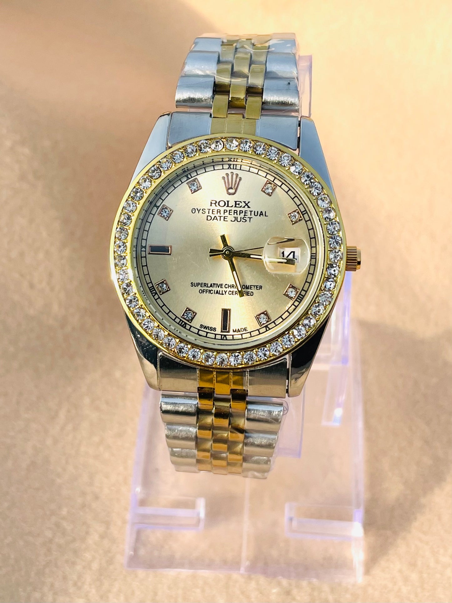 ✨ Gold Dial Crystal Studded SilverXGold Rlx Watch ✨