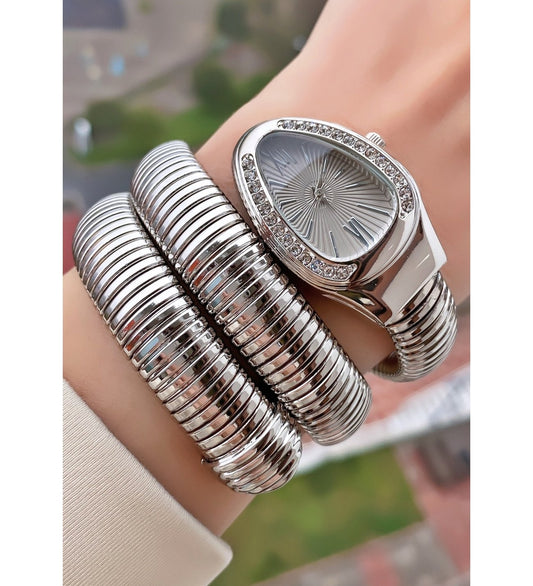 ✨Crystal studded SilverxSilver dial serpenti snake  watch✨