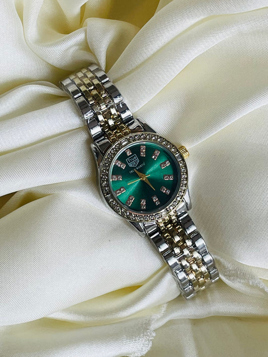 ✨Stainless Steel SilverXGold True Worth Gold Crystal Studded Emerald Dial Watch ✨