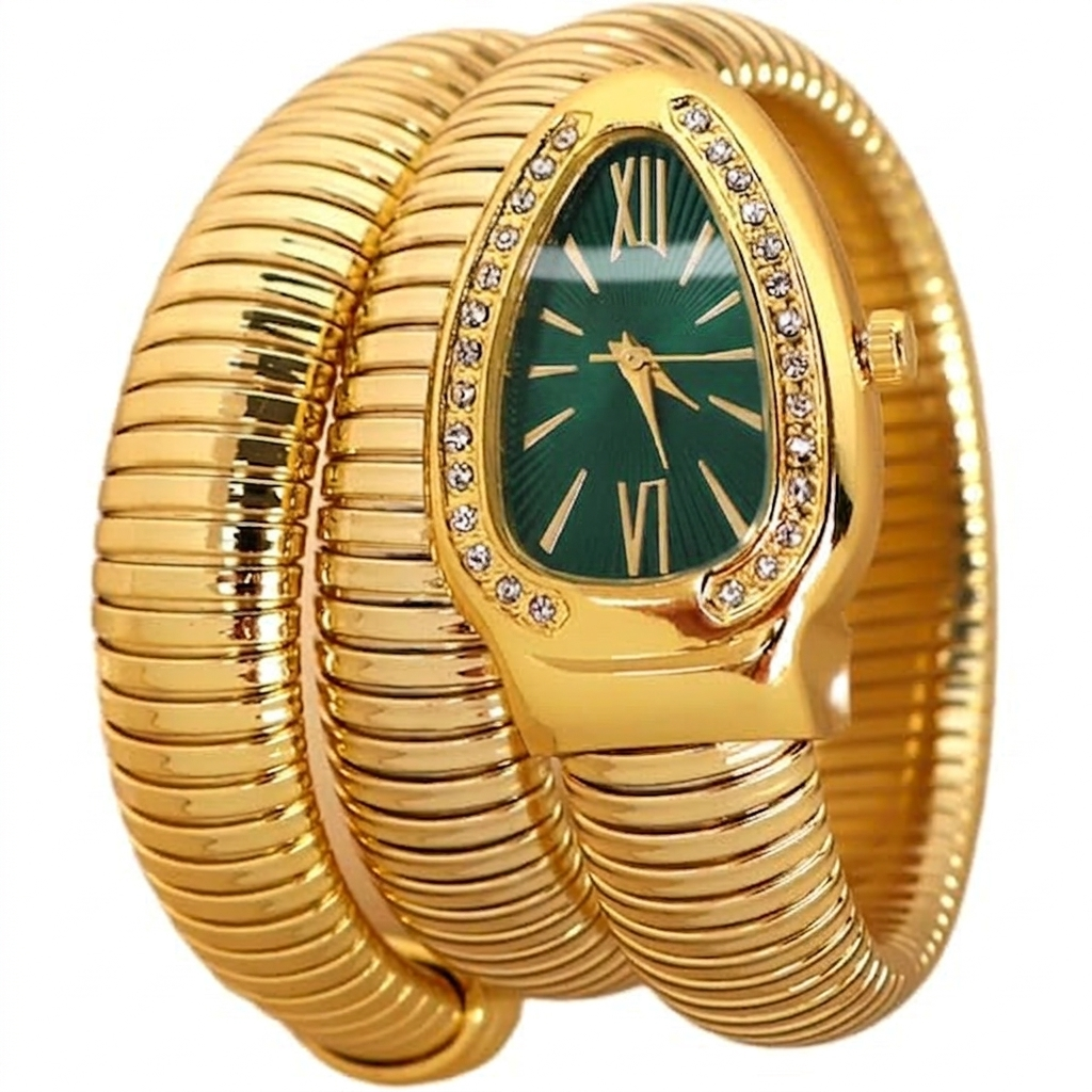 ✨Snake serpenti Gold l Emerald dial Crystal Studded bvlg Watch✨
