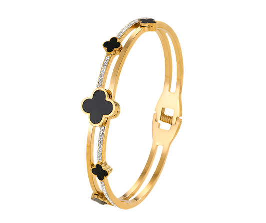 ✨Exquisite Stainless steel Gold Zircon Studded Black Clovie Cuff Bracelet ✨