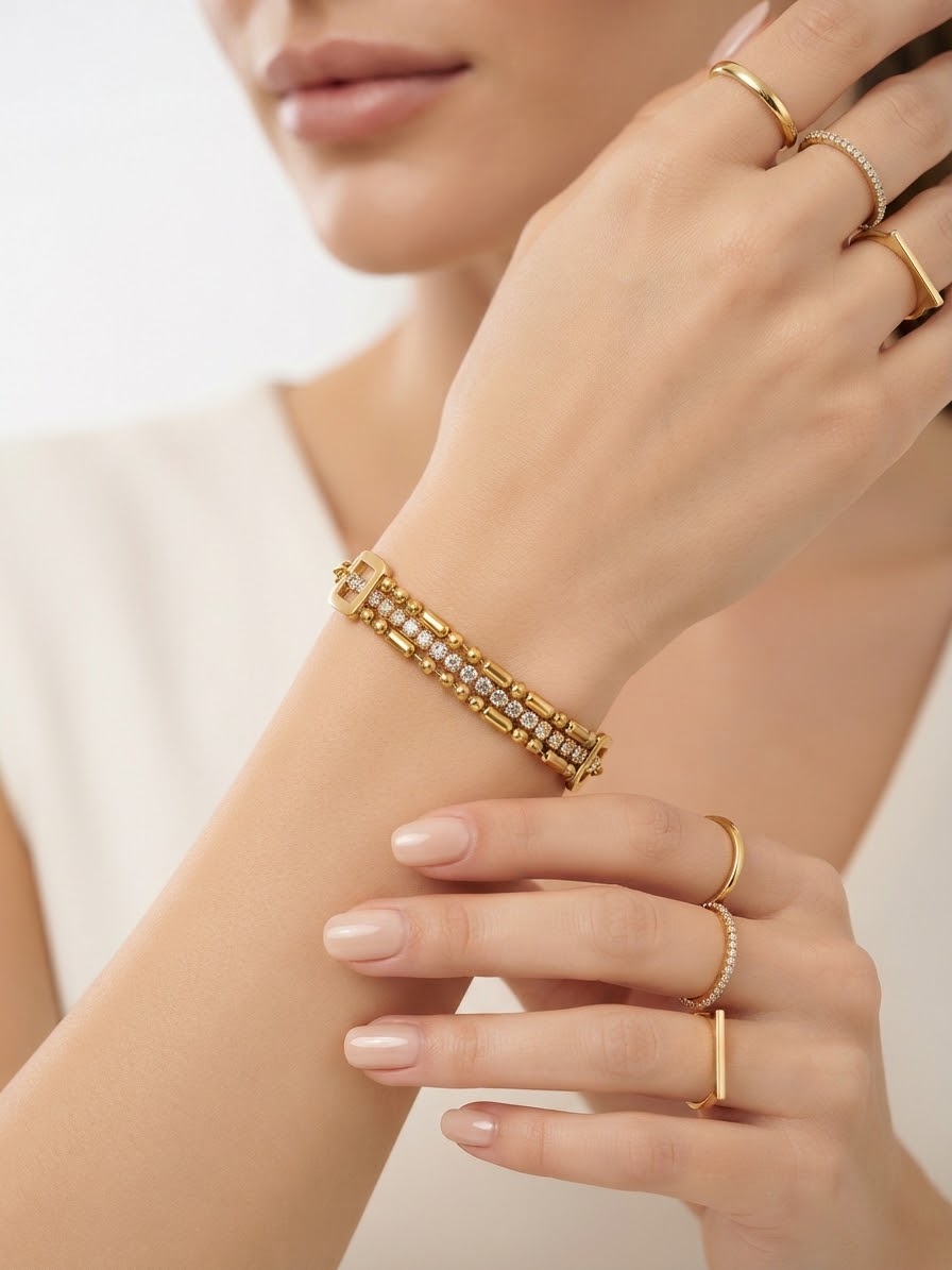 ✨Stainless steel Gold Link Layered Crystal chain Bracelet✨
