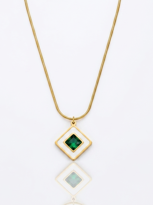 ✨Stainless steel White Enamel Emerald Stone Gold Pendant ✨