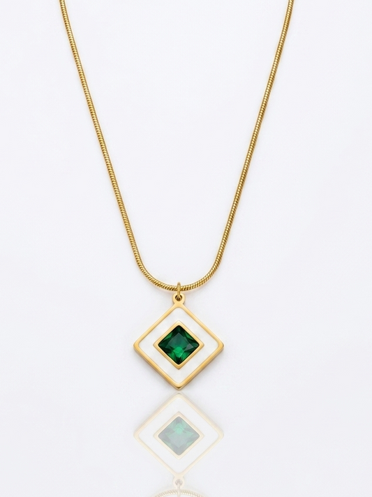 ✨Stainless steel White Enamel Emerald Stone Gold Pendant ✨