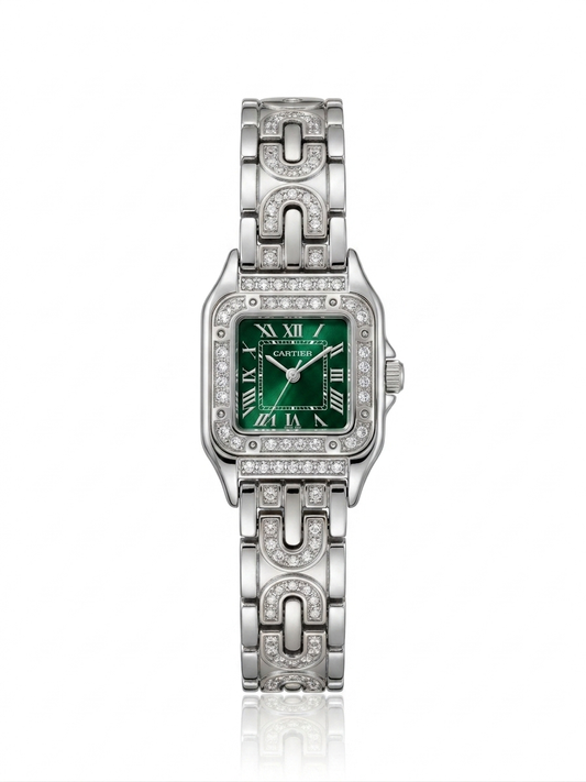 ✨ Zirconium Studded Classic Silver Carte Emerald dial Watch ✨