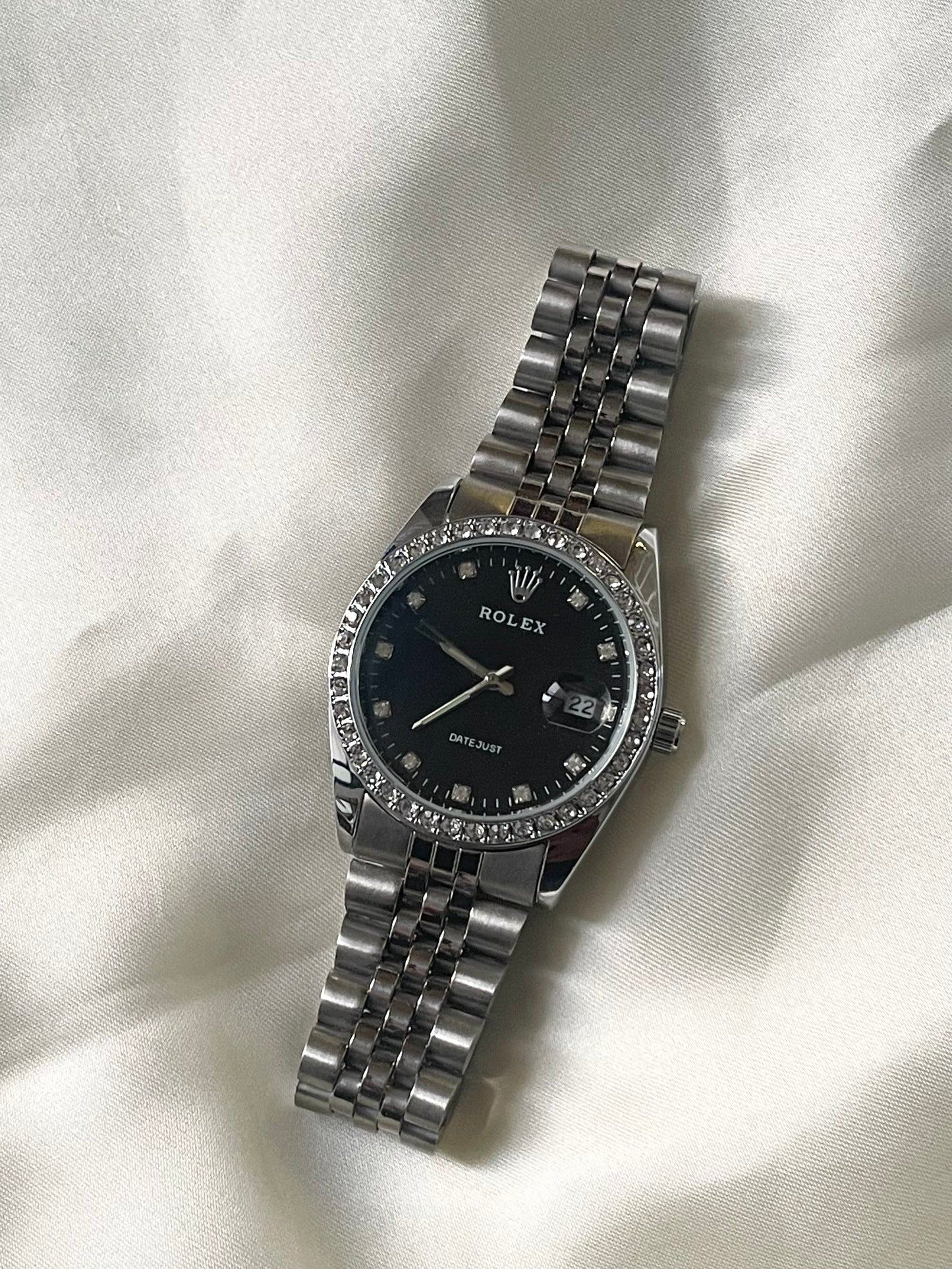 ✨Rlx Silver Crystal Studded Black dial watch ✨