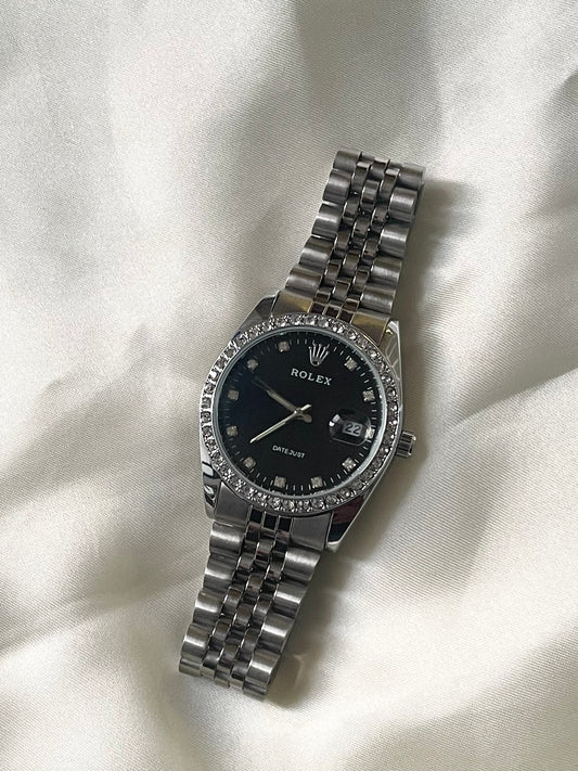 ✨Rlx Silver Crystal Studded Black dial watch ✨