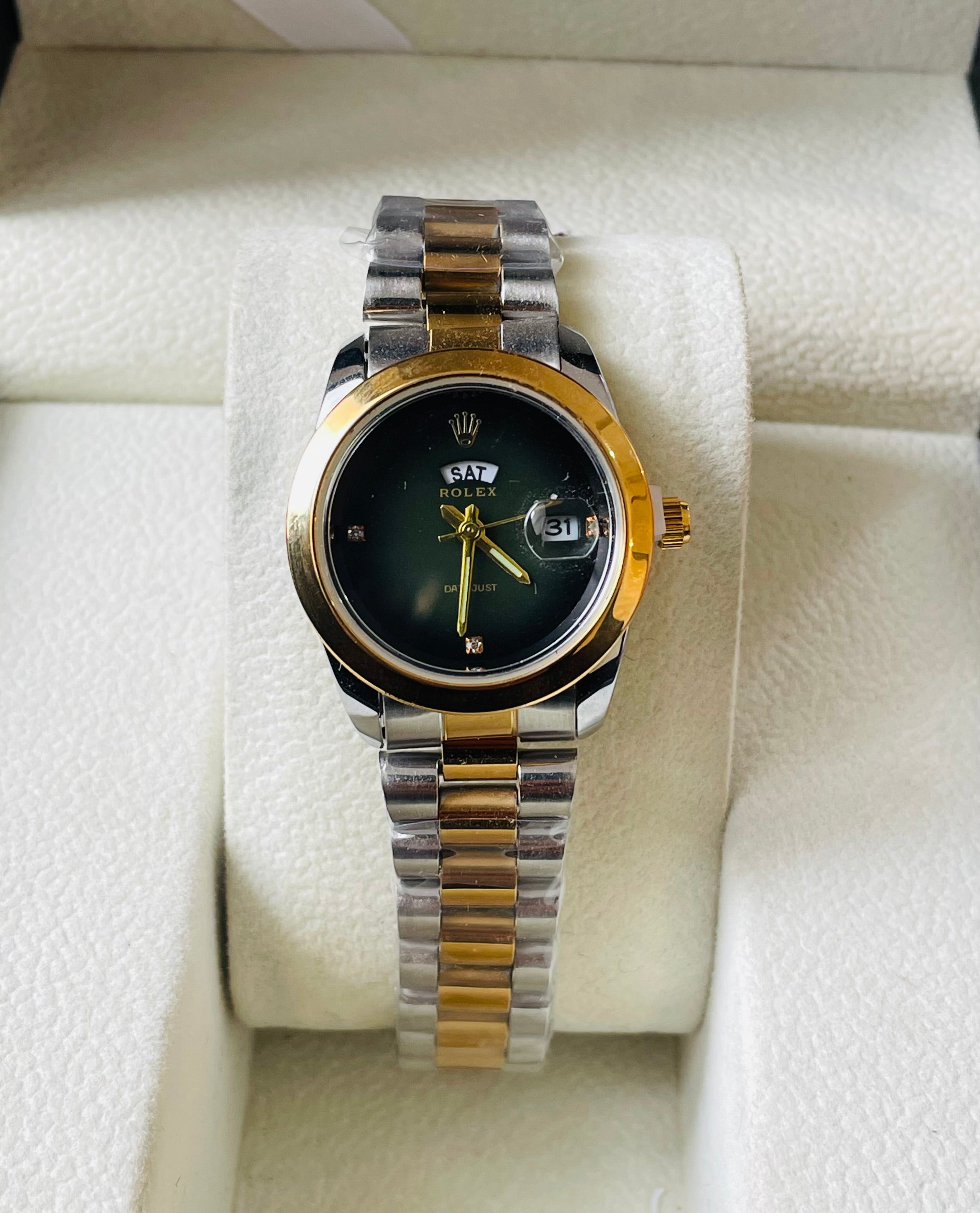 Royal Silver&Gold Strap Dark Green Dial Watch ✨