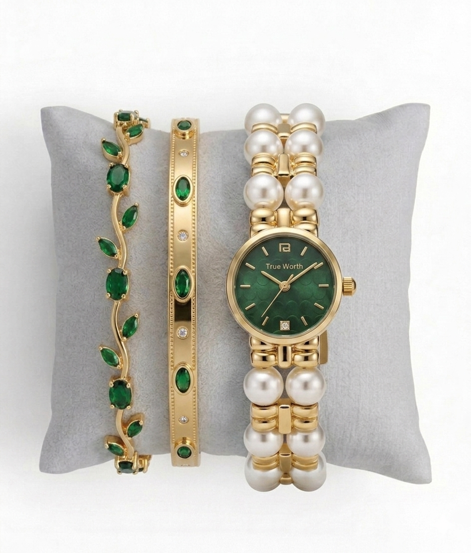 ✨ Extravagant Emerald Gold Pearl Stack ✨