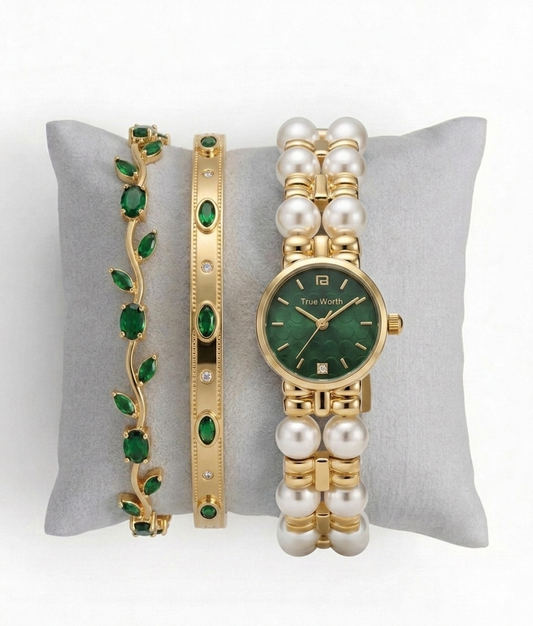 ✨ Extravagant Emerald Gold Pearl Stack ✨