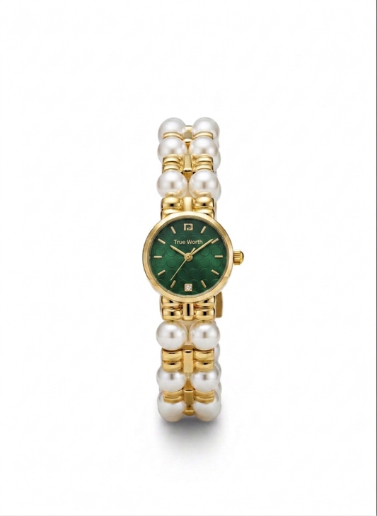 ✨ Exquisite Gold Pearl Emerald Dial Trueworth Chain Watch ✨
