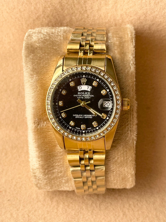 ✨Perpetual Gold Crystal Studded Black Dial Rlx DayDate Watch ✨