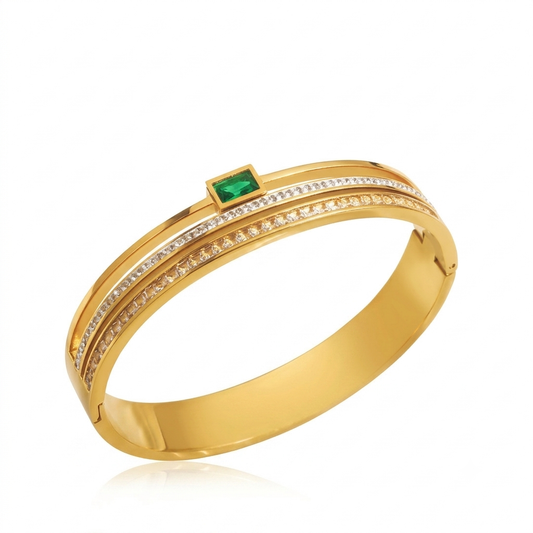 ✨Exquisite Stainless steel Gold Zircon Studded Emerald stone Chunky Gold Cuff Bracelet ✨