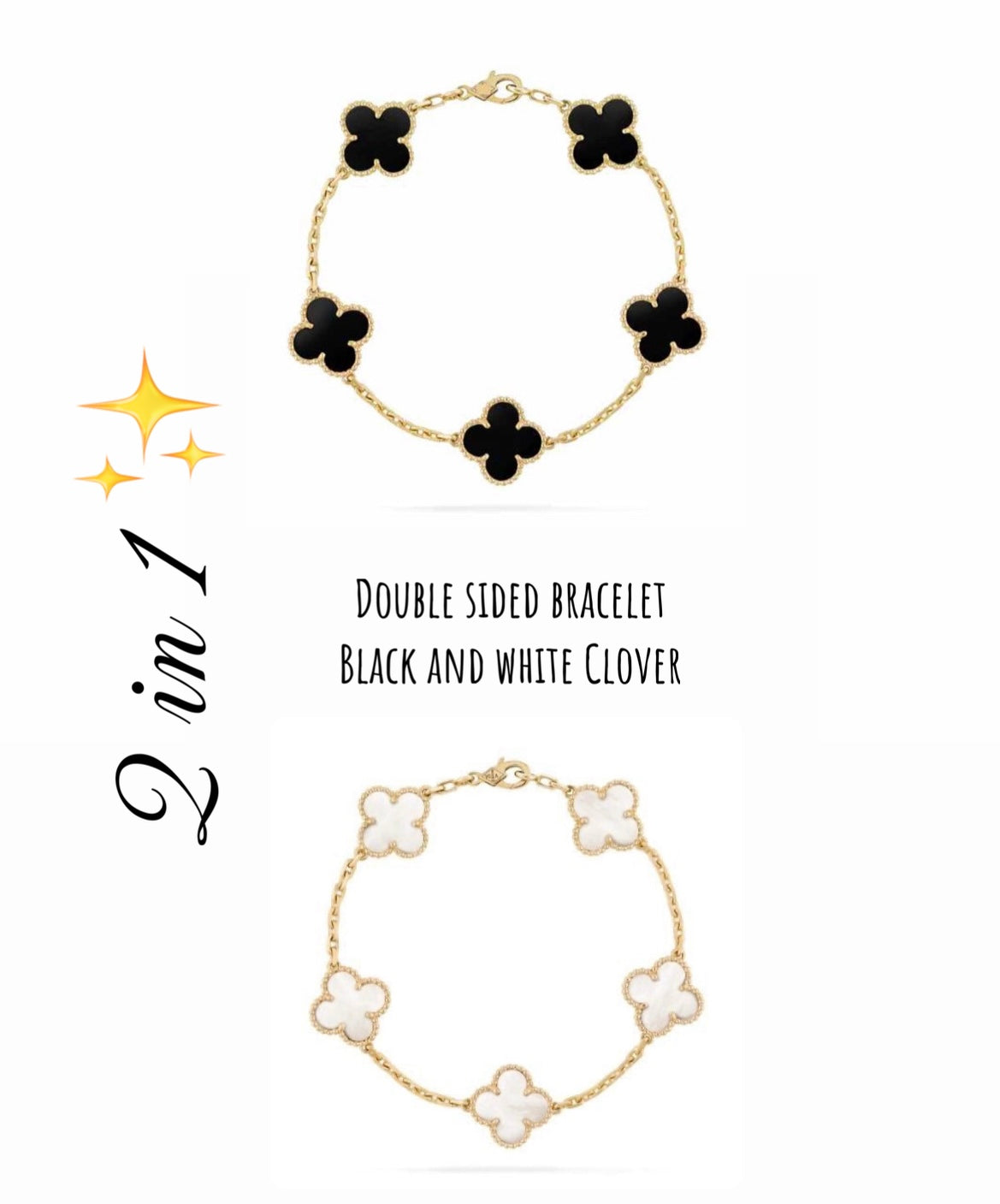 Double sided black and white clover chain bracelet