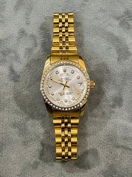 ✨Perpetual Crystal Studded White Dial Rlx Gold Watch ✨