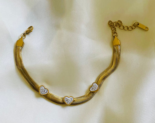 ✨Stainless Steel Gold White Heart Diamantés Chunky Snake Chain Bracelet ✨
