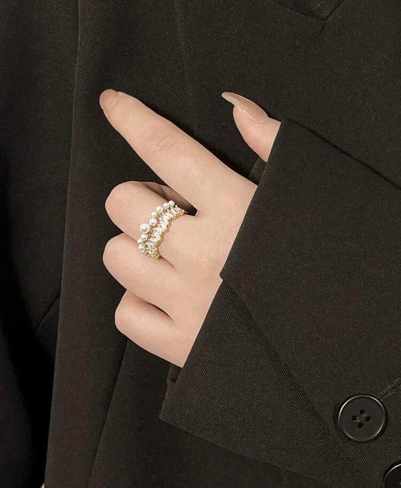 ✨Stainless steel Gold Zirconium Pearl Adjustable Ring ✨
