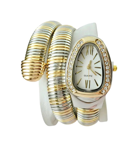 ✨Crystal studded White dial serpenti snake Silverxgold watch✨