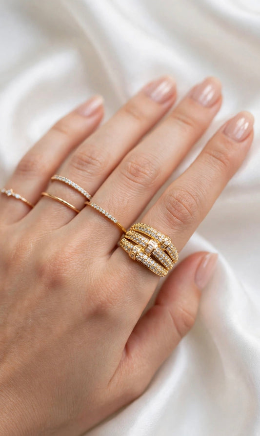 S925 Zirconium Exquisite Zircona Knotted Chunky Gold Adjustable Ring