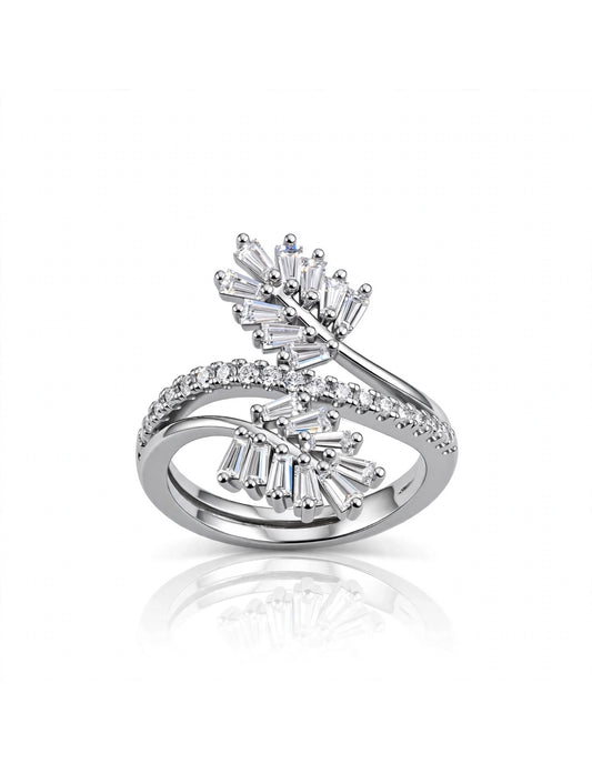 S925 Zirconium Crystal Leaf silver adjustable ring
