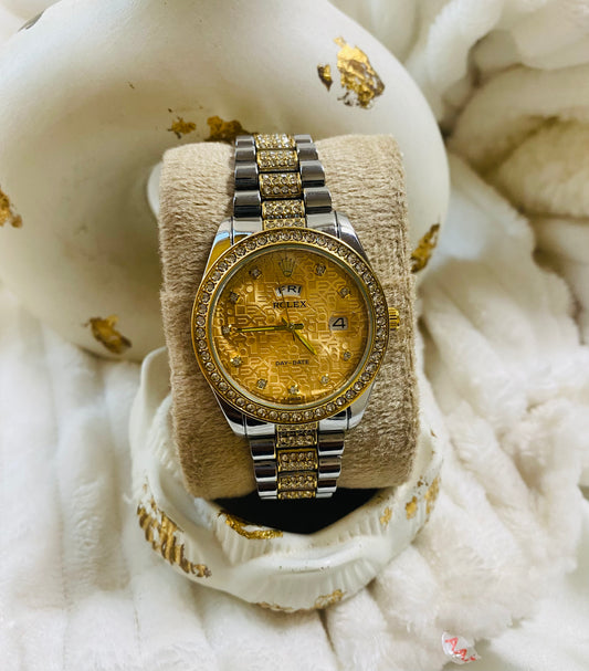 ✨Exquisite Golden Dial Daydate Crystal Studded Silver Strap Rlx Watch ✨