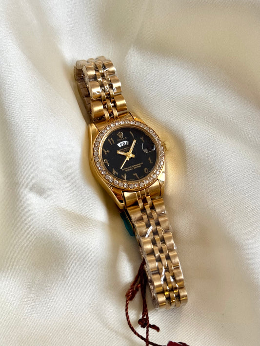 Crystal studded black arabic dial watch