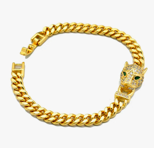 ✨22k Gold Emerald eye  cuban Chain Leopard bracelet ✨