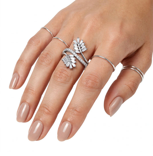 S925 Zirconium Crystal Leaf silver adjustable ring