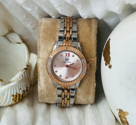 ✨ Exquisite RosegoldxSilver Rose Gold Dial Crystal Studded True worth Watch✨