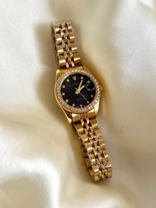Golden jubilee strap crystal studded black dial watch