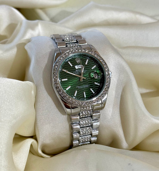 Exclusive emerald Dial and silver crystal studded Chain Classic Watch