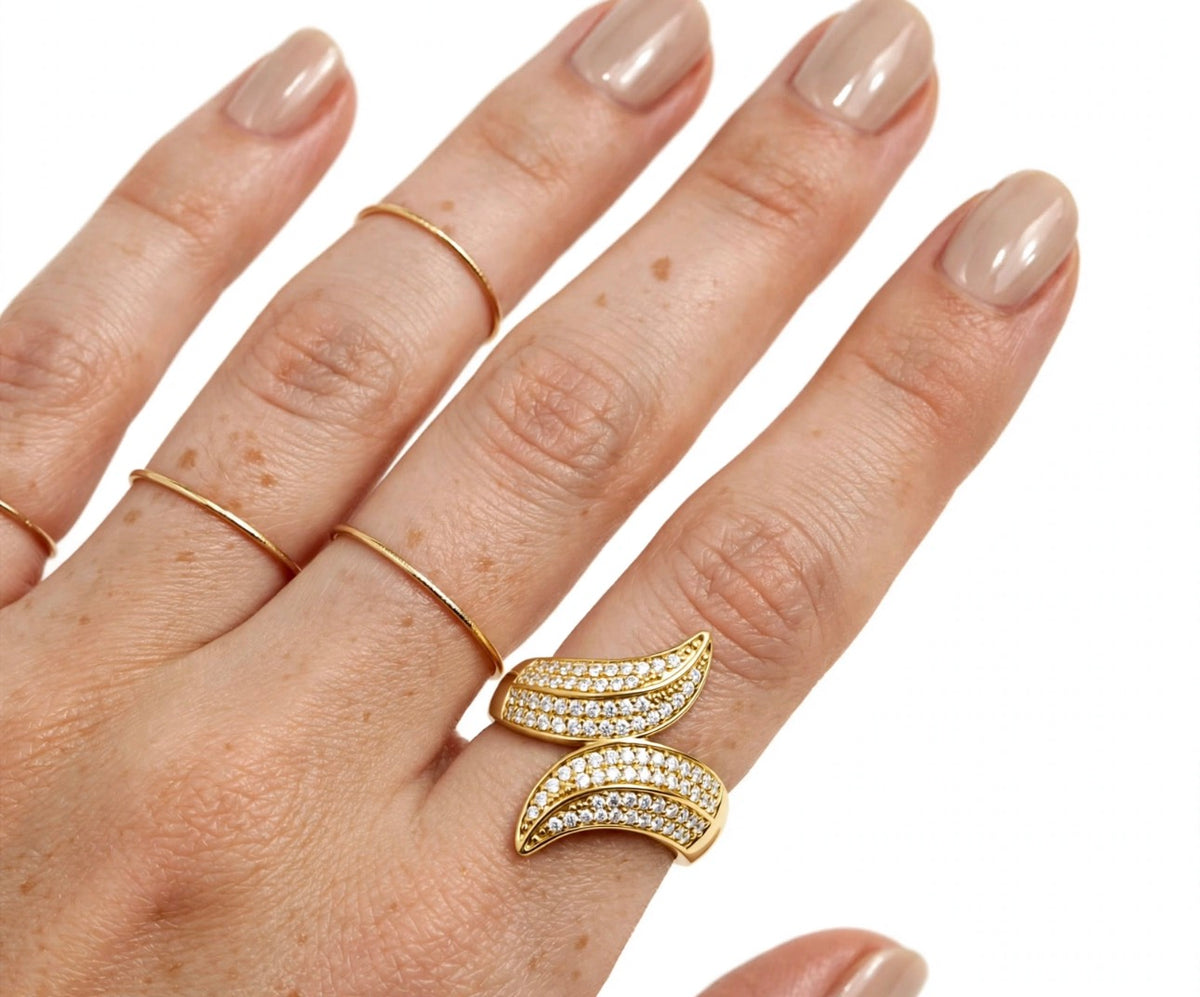 S925 Zirconium Crystal Leaf Gold Adjustable Ring