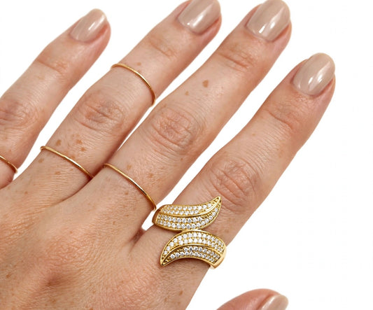 S925 Zirconium Crystal Leaf Gold Adjustable Ring