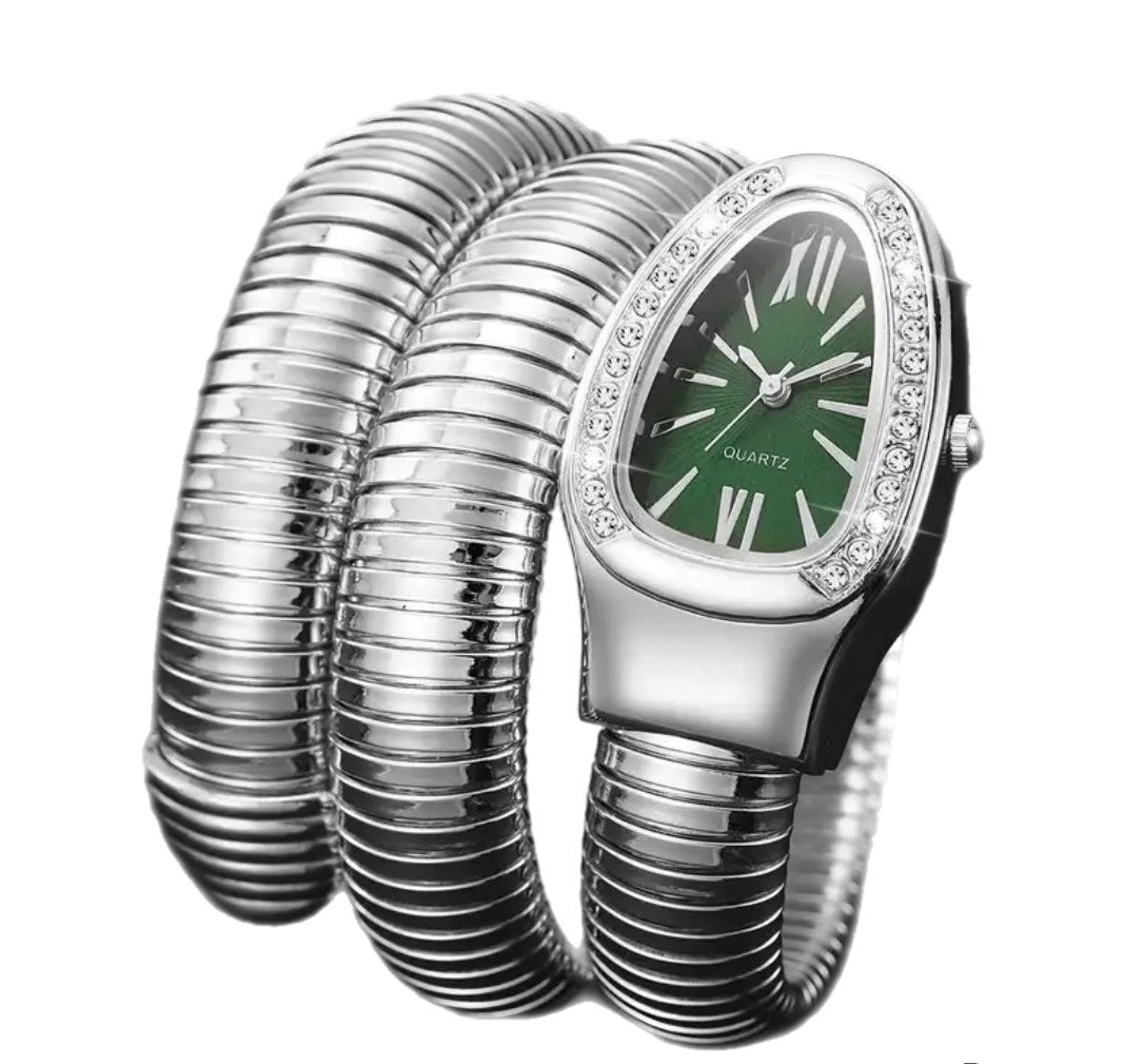 Crystal studded Emerald dial serpenti snake Silver Bvlg watch