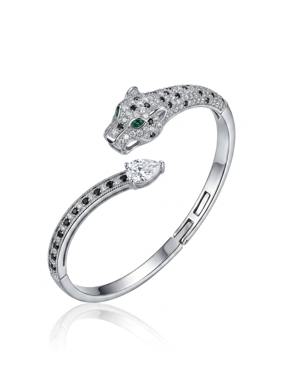 ✨Zirconium Silver Emerald Eye leopard Cuff Bracelet ✨