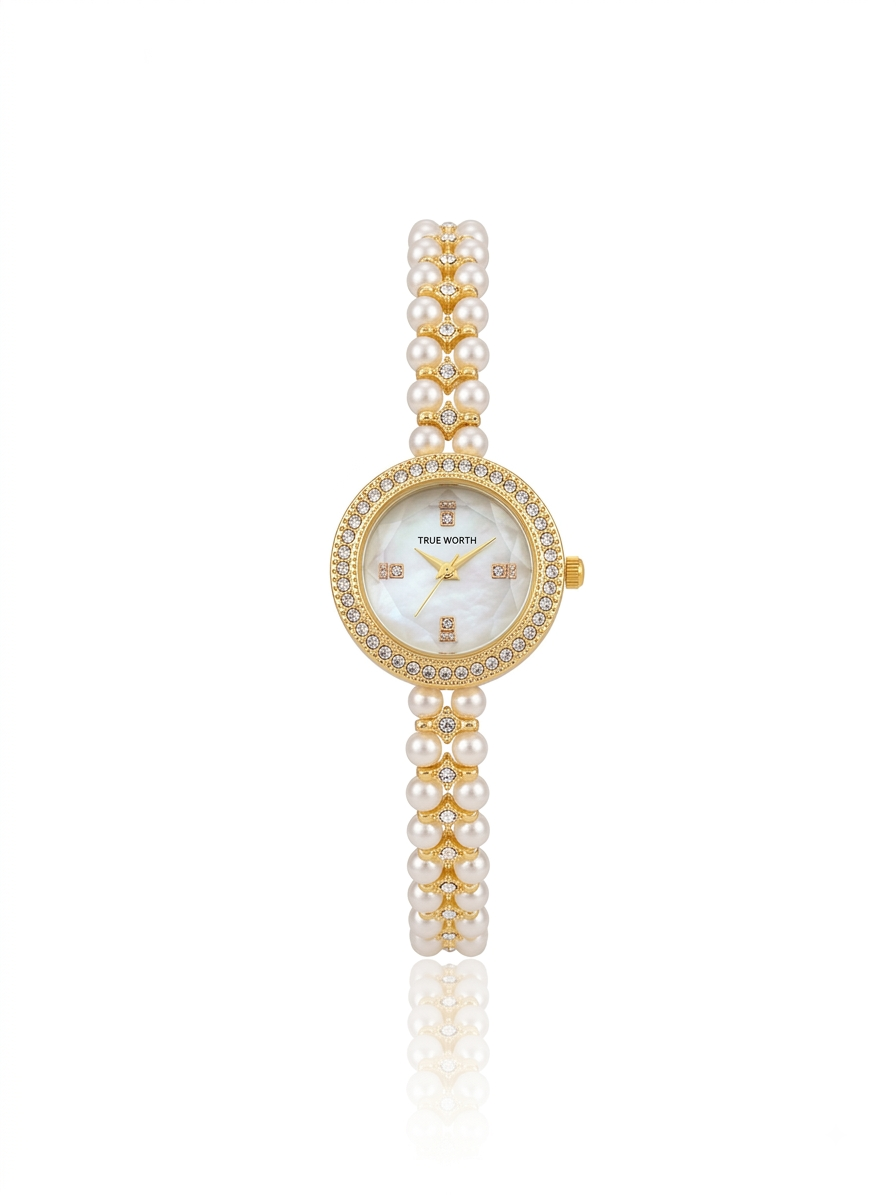 ✨Exclusive Gold Zircon Studded White Dial Pearl Watch ✨
