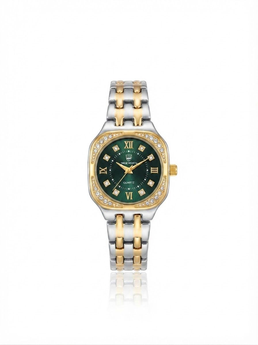✨Exquisite stainless steel SilverXgold Emerald dial Zirconium True worth Watch✨