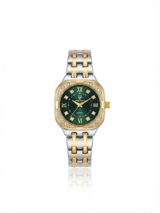 ✨Exquisite stainless steel SilverXgold Emerald dial Zirconium True worth Watch✨