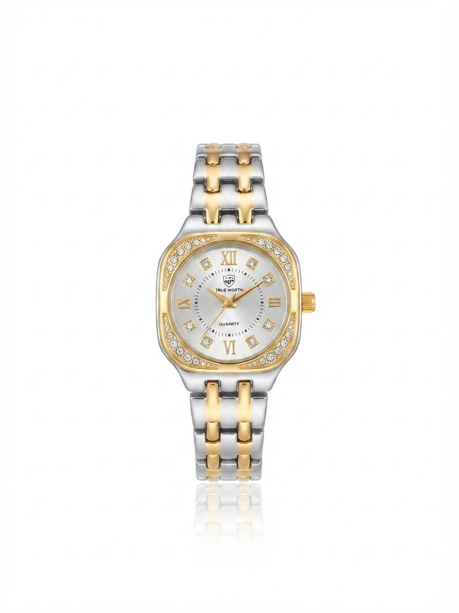 ✨Exquisite stainless steel SilverXgold White dial Zirconium True worth Watch✨