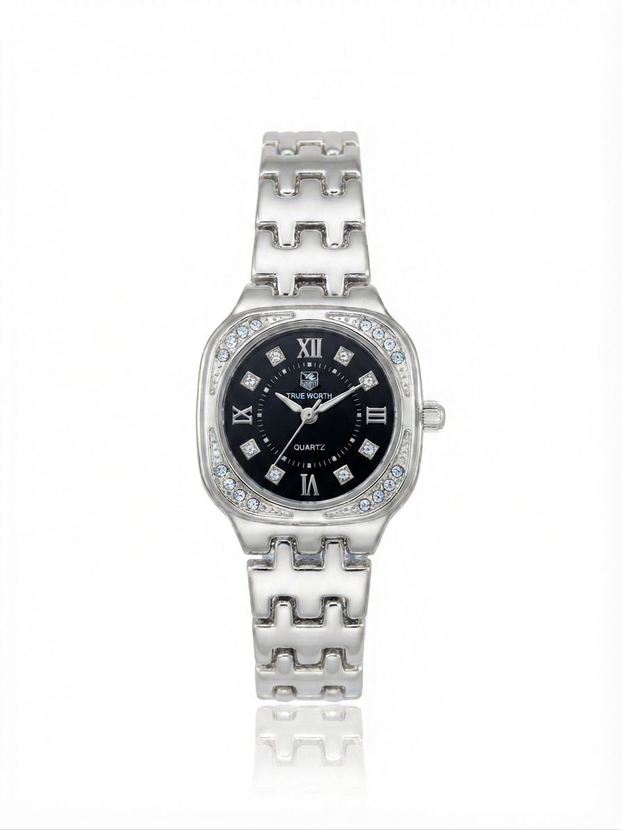 ✨Exquisite stainless steel Silver Blacl dial Zirconium True worth Watch✨
