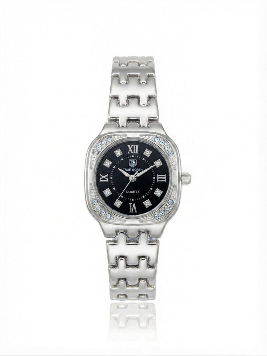 ✨Exquisite stainless steel Silver Blacl dial Zirconium True worth Watch✨