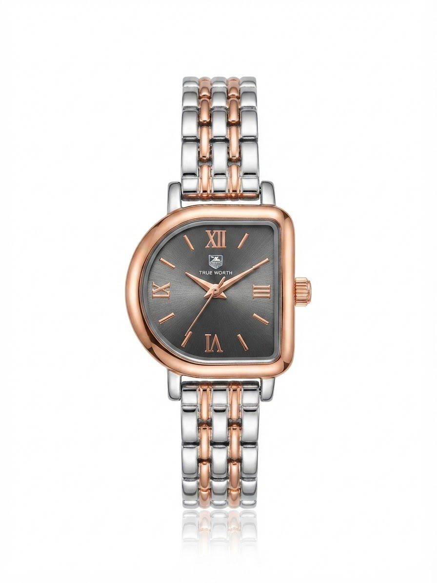 ✨Exquisite stainless steel SilverXrose gold charcoal dial Zirconium True worth Watch✨