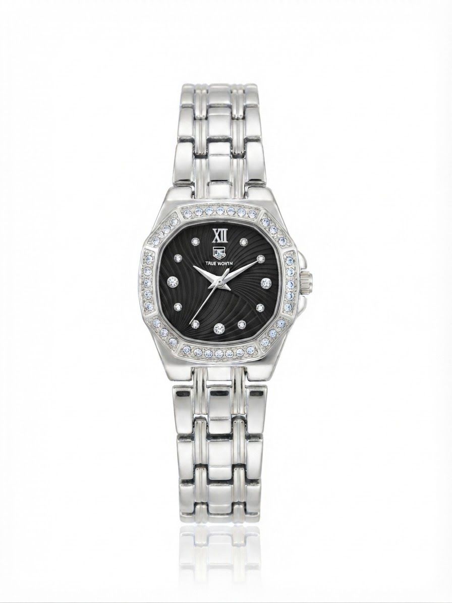 ✨Exquisite Silver stainless steel Black dial Zirconium True worth Watch✨