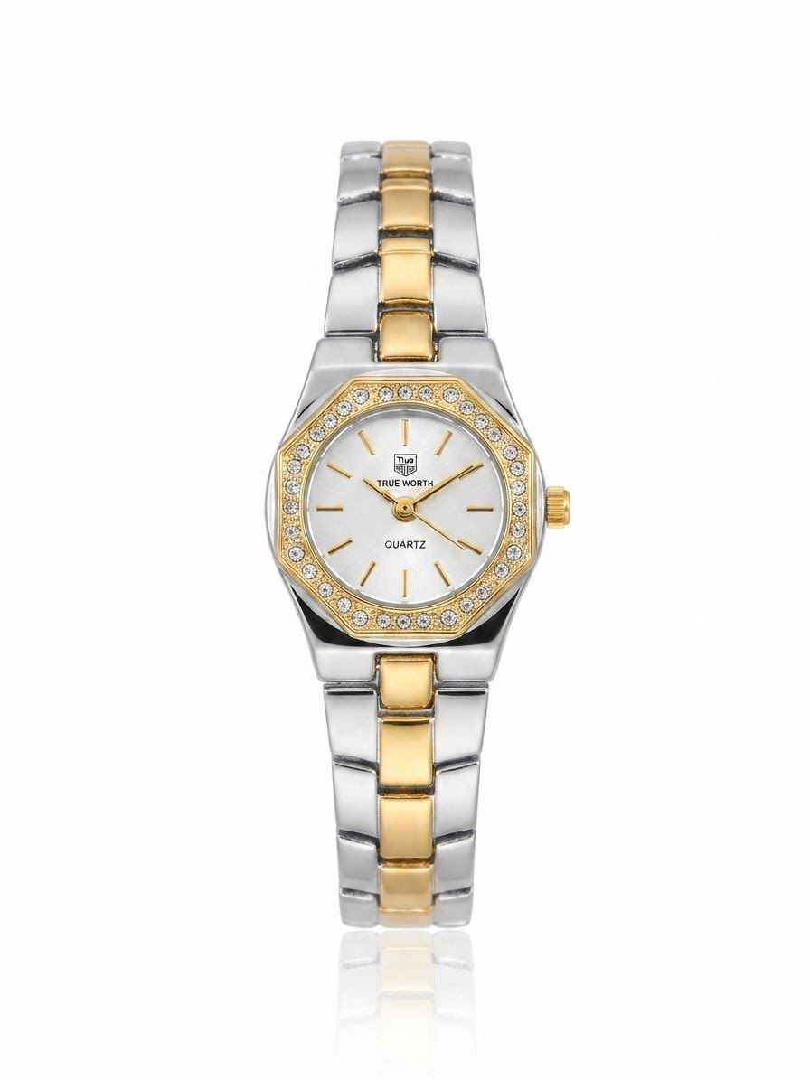 ✨Exquisite stainless steel Silverxgold white dial Zirconium True worth Watch✨