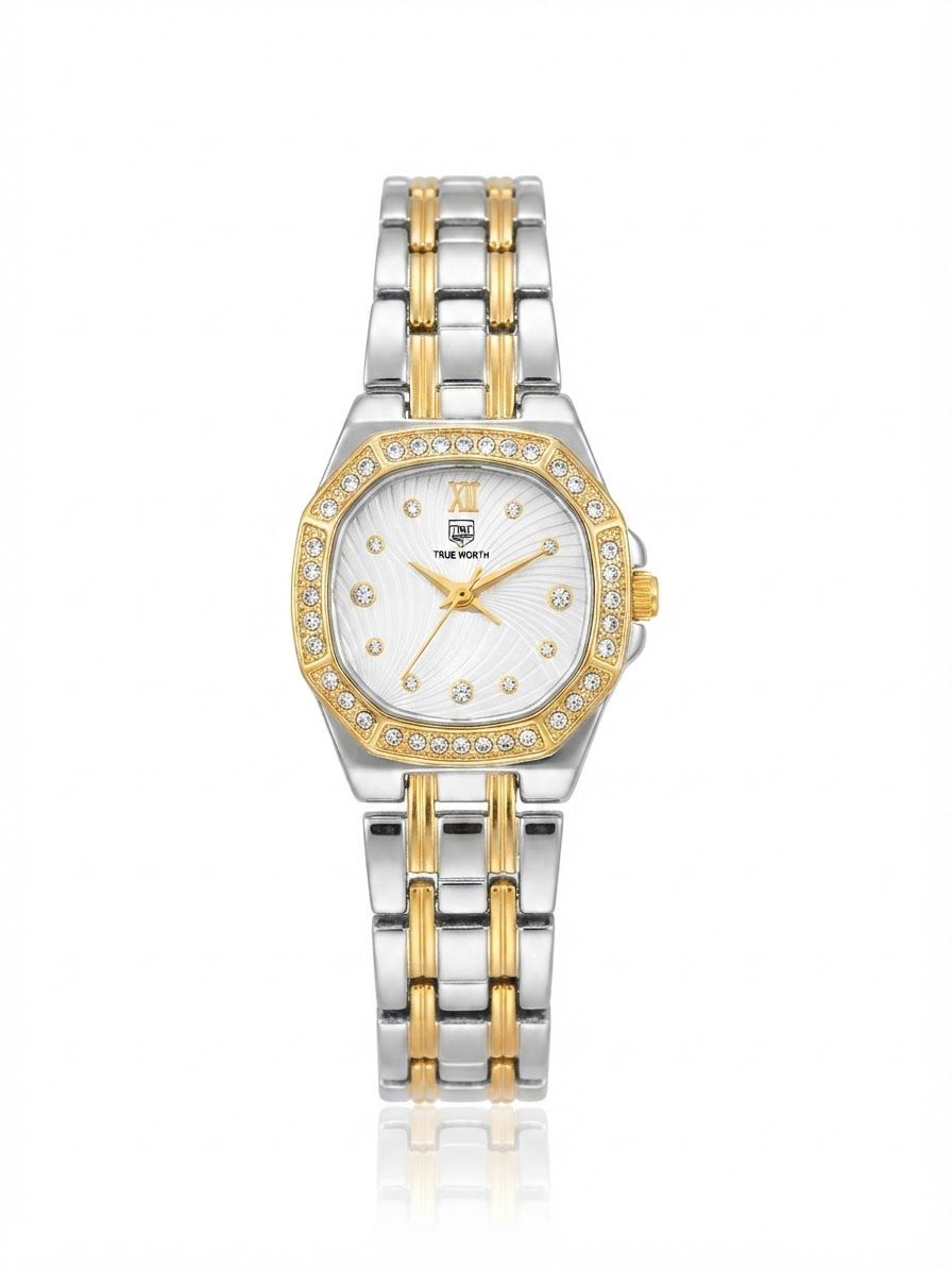 ✨Exquisite stainless steel Silverxgold white dial Zirconium True worth Watch✨