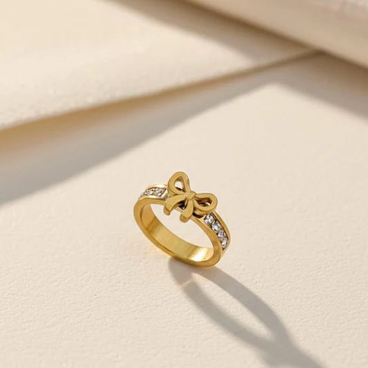 ✨ Stainless steel Gold Zircon Studded Bow Ring ✨