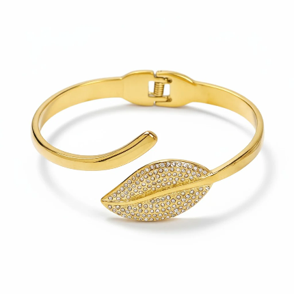 ✨Stainless steel Zircon Studded Diamantés Leaf Gold Cuff Bracelet ✨